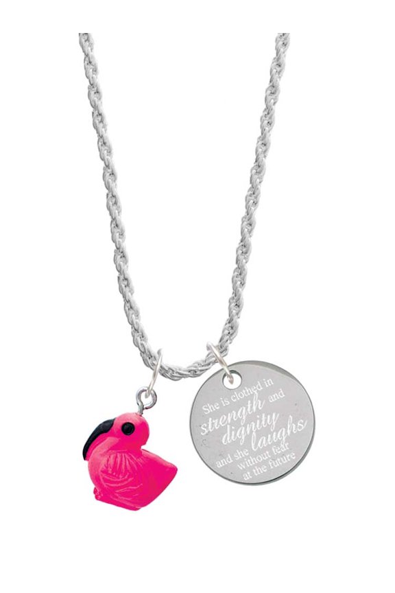 Resin Hot Pink Flamingo She is Clothed in Stength and Dignity Charm Necklace, 20"+3"