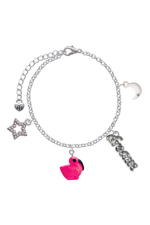 Resin Hot Pink Flamingo Silvertone Dream Big Charm Bracelet, 7.5+2" Extender