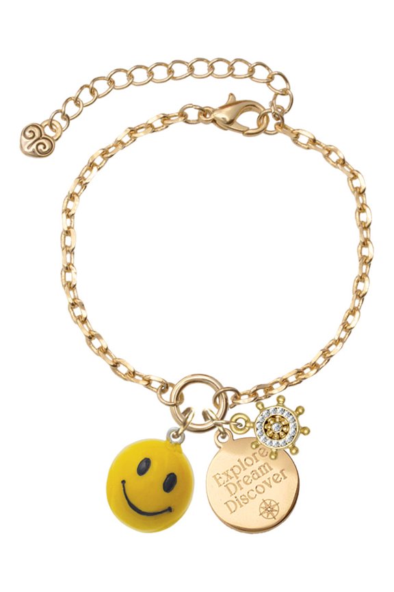 Resin Large 3-D Happy Face Goldtone Discover Dream Explore Zoey Charm Bracelet, 6.5+2" Extender