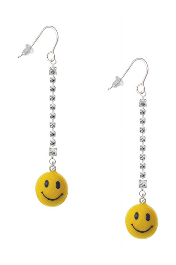 Resin Large 3-D Happy Face - Silver-tone Long Sparkle Dangle French Earrings