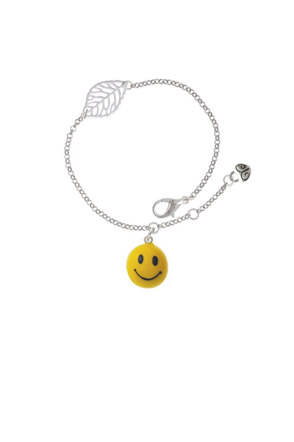 Resin Large 3-D Happy Face - Silvertone Leaf Delicate Bracelet, 6.25+1.75"