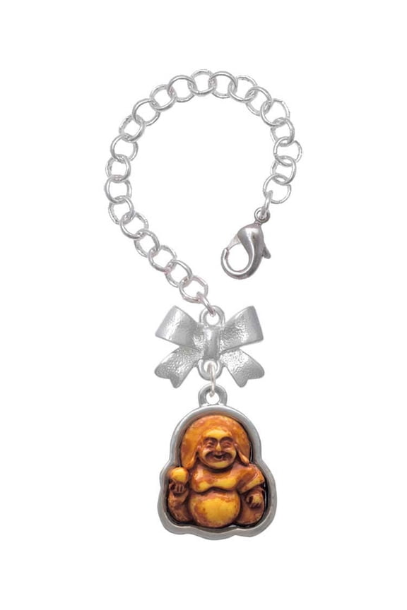 Resin Laughing Buddha in Frame - Silvertone Bow Charm Accessory for Tumblers and Thermal Cups