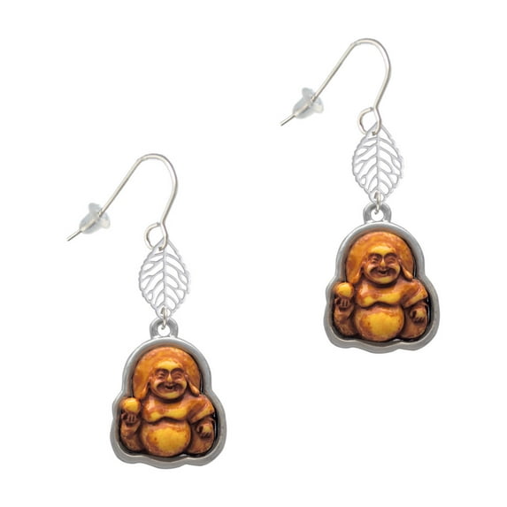 Delight Jewelry Resin Laughing Buddha in Frame Silvertone Leaf French Earrings