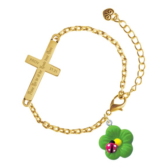 Delight Jewelry Resin Lime Green Daisy Flower with Hot Pink Ladybug - Gold Tone Proverbs 31:31 Praise Her for all Her Hands have Done Engraved Cross Charm Bracelet, 6.5+1.5" Extender