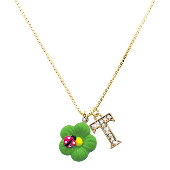 Delight Jewelry Resin Lime Green Daisy Flower with Hot Pink Ladybug - Large Goldtone Crystal Initial - T - Charm Necklace, 17.5"+2"