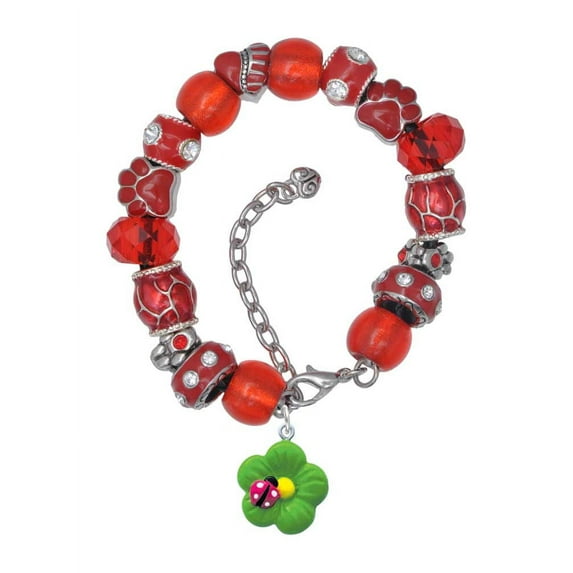 Delight Jewelry Resin Lime Green Daisy Flower with Hot Pink Ladybug Red Paw Print Bead Bracelet, 7"+2"
