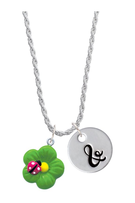 Resin Lime Green Daisy Flower with Hot Pink Ladybug Silvertone Script Initial Disc - & - Charm Necklace, 20"+3"