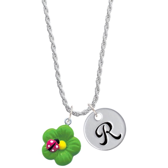 Delight Jewelry Resin Lime Green Daisy Flower with Hot Pink Ladybug Silvertone Script Initial Disc - R - Charm Necklace, 20"+3"