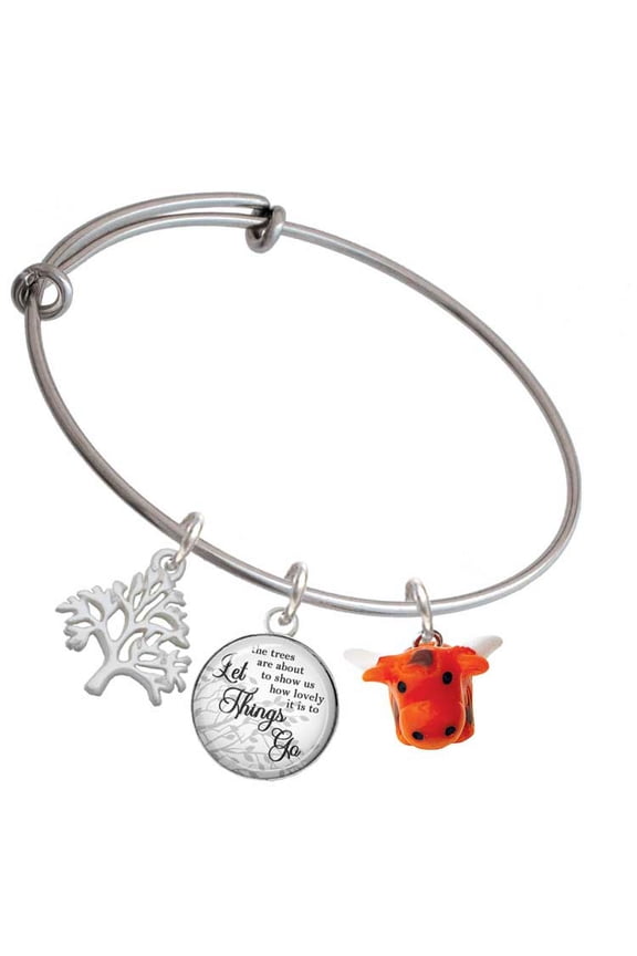 Resin Longhorn Silvertone Let Things Go Tree Charm Bangle Bracelet