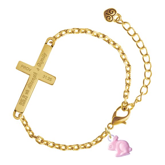 Delight Jewelry Resin Mini Pink Bunny - Gold Tone Proverbs 31:25 She is Clothed with Strength and Dignity Engraved Cross Charm Bracelet, 6.5+1.5" Extender
