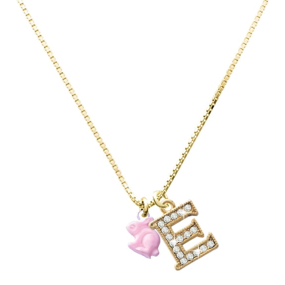 Delight Jewelry Resin Mini Pink Bunny with Large Goldtone Crystal Initial E Charm Necklace, 17.5"+2"