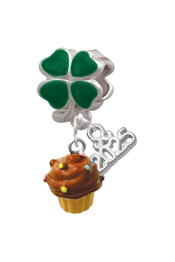 Resin Mini Vanilla Cupcake with Chocolate Frosting - Good Luck Green Four Leaf Clover Charm Bead Dangle with Mini 2025