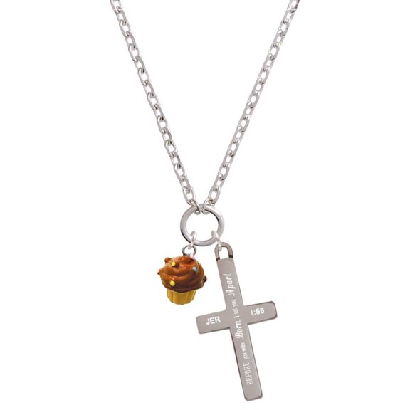 Delight Jewelry Resin Mini Vanilla Cupcake with Chocolate Frosting I Set You Apart Engraved Cross Zoey Necklace, 28"