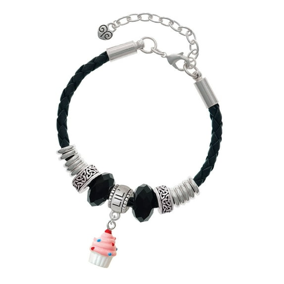 Delight Jewelry Resin Mini White Cupcake with Pink Frosting Middle Sister Celtic Knot Leather Bead Bracelet, 7"+2" Extender