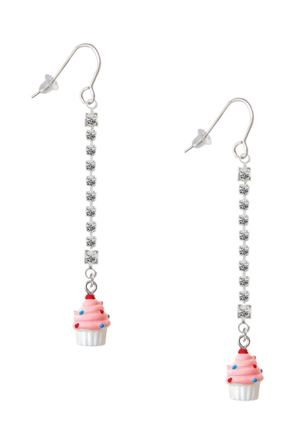 Resin Mini White Cupcake with Pink Frosting - Silver-tone Long Sparkle Dangle French Earrings