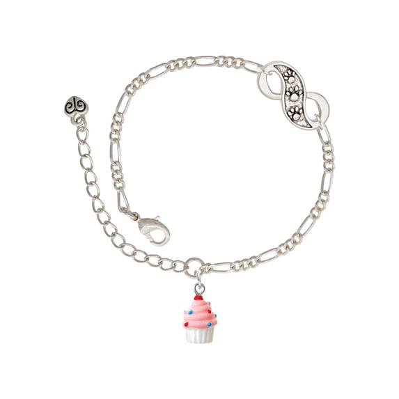 Delight Jewelry Resin Mini White Cupcake with Pink Frosting Silver-tone Paw Infinity Link Chain Bracelet, 6"+2" Extender