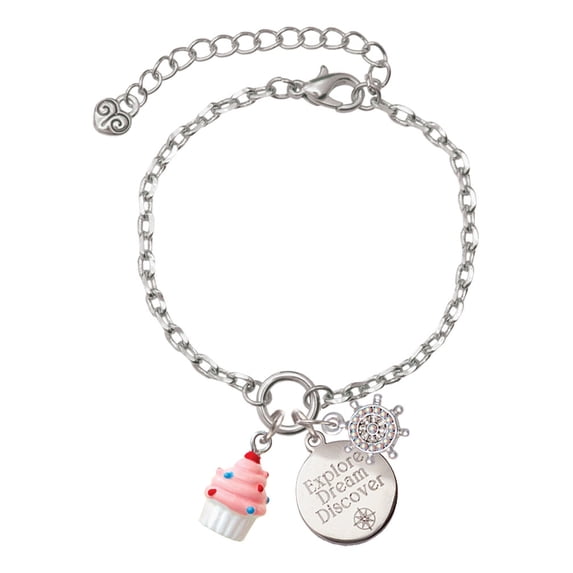Delight Jewelry Resin Mini White Cupcake with Pink Frosting Silvertone Discover Dream Explore Zoey Charm Bracelet, 6.5+2" Extender
