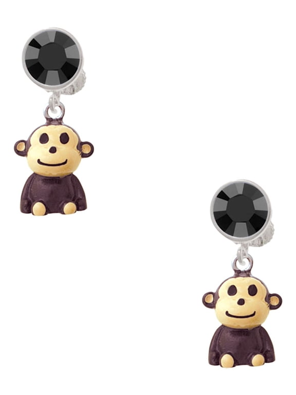 Resin Monkey Black Crystal Clip on Earrings