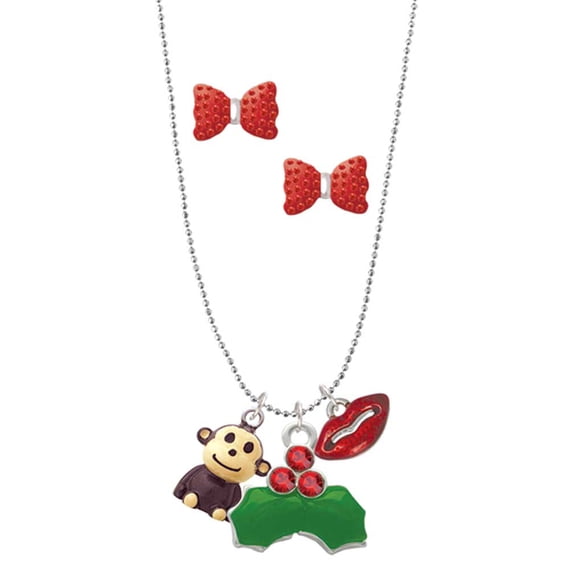 Delight Jewelry Resin Monkey Christmas Kiss Charm Necklace and Stud Earrings