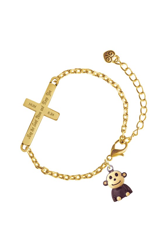Resin Monkey - Gold Tone Numbers 6:24 May the Lord Bless You Engraved Cross Charm Bracelet, 6.5+1.5" Extender