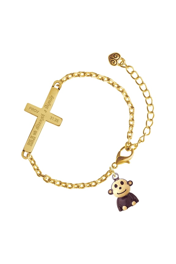 Resin Monkey - Gold Tone Proverbs 31:25 She is Clothed with Strength and Dignity Engraved Cross Charm Bracelet, 6.5+1.5" Extender