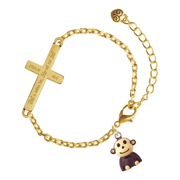 Delight Jewelry Resin Monkey - Gold Tone Psalm 46:5 She will not fall Engraved Cross Charm Bracelet, 6.5+1.5" Extender