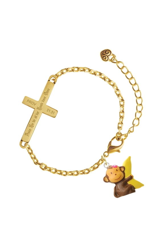 Resin Monkey Hugging a Banana - Gold Tone Proverbs 31:31 Praise Her for all Her Hands have Done Engraved Cross Charm Bracelet, 6.5+1.5" Extender