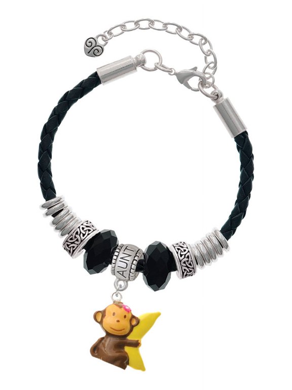 Resin Monkey Hugging a Banana Aunt Celtic Knot Leather Bead Bracelet, 7"+2" Extender