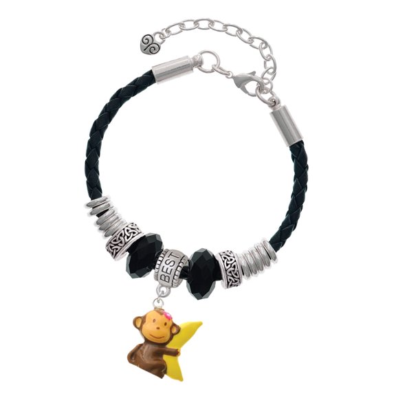 Delight Jewelry Resin Monkey Hugging a Banana Best Friend Celtic Knot Leather Bead Bracelet, 7"+2" Extender