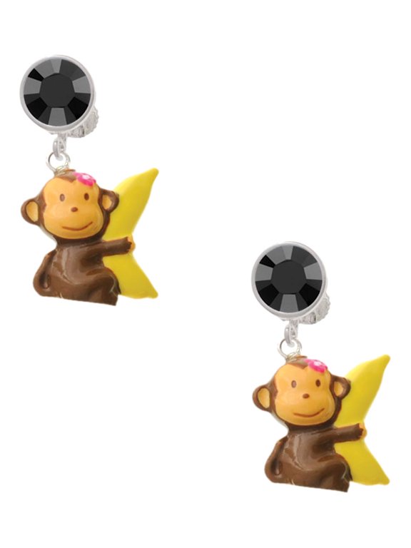Resin Monkey Hugging a Banana Black Crystal Clip on Earrings