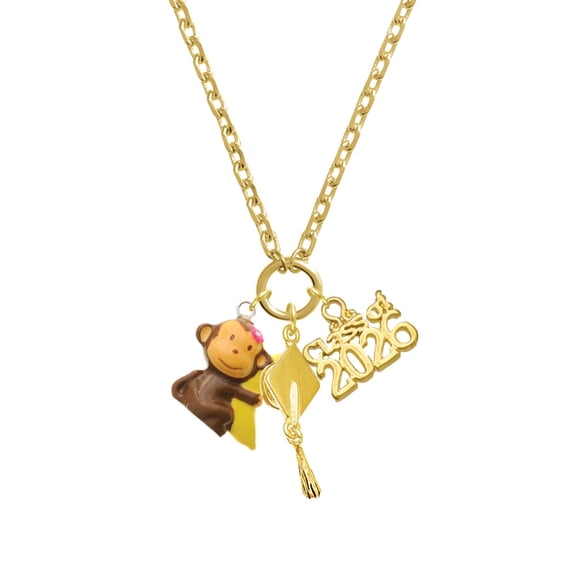 Delight Jewelry Resin Monkey Hugging a Banana - Gold-tone Class of 2026 Graduation Zoey Charm Necklace, 28"