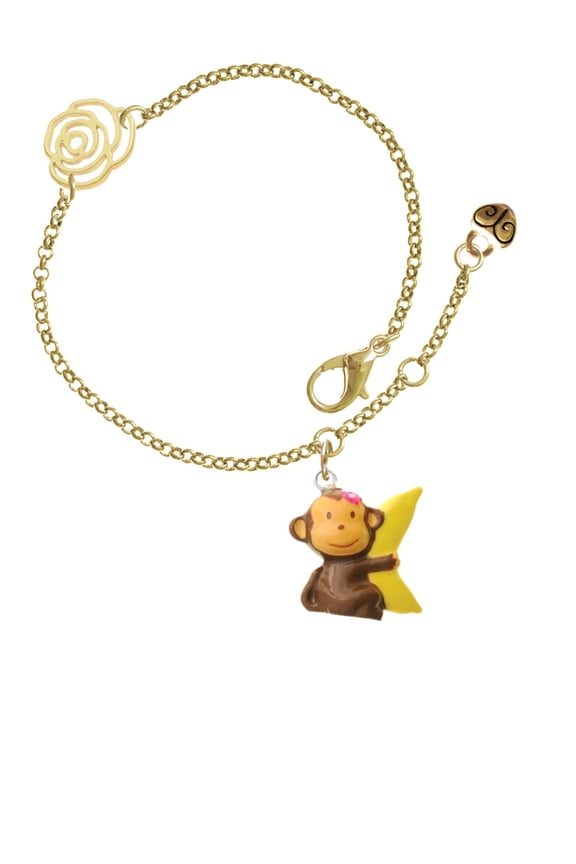 Resin Monkey Hugging a Banana Gold-tone Rose Link Chain Bracelet, 6.25"+1.75" Extender