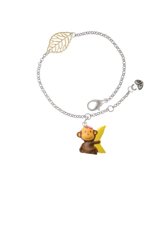 Resin Monkey Hugging a Banana - Goldtone Leaf Delicate Bracelet, 6.25+1.75"