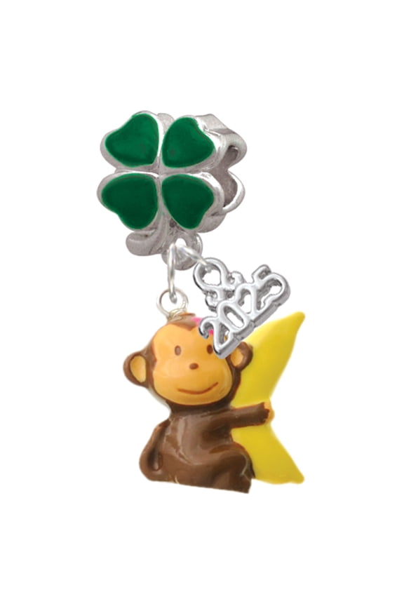 Resin Monkey Hugging a Banana - Good Luck Green Four Leaf Clover Charm Bead Dangle with Mini 2025