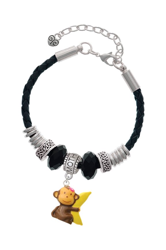Resin Monkey Hugging a Banana Mother Celtic Knot Leather Bead Bracelet, 7"+2" Extender