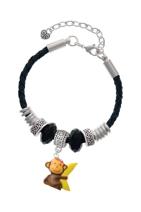 Resin Monkey Hugging a Banana Niece Celtic Knot Leather Bead Bracelet, 7"+2" Extender