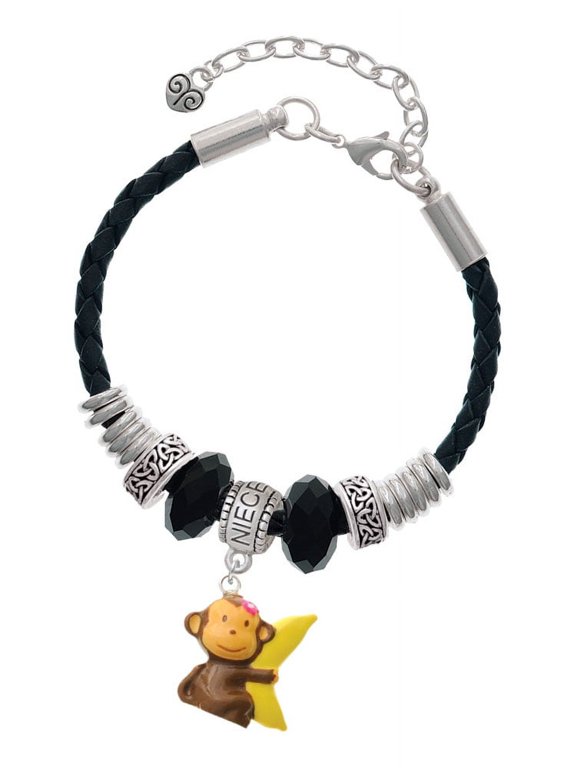 Resin Monkey Hugging a Banana Niece Celtic Knot Leather Bead Bracelet, 7"+2" Extender