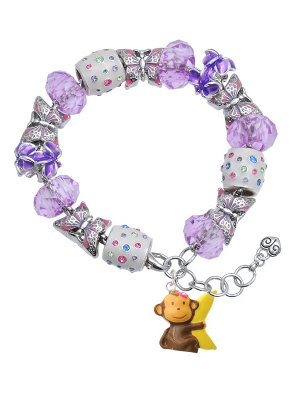 Resin Monkey Hugging a Banana Purple Butterfly Bead Charm Bracelet, 7"+1" Extender