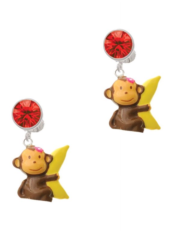 Resin Monkey Hugging a Banana Red Crystal Clip on Earrings