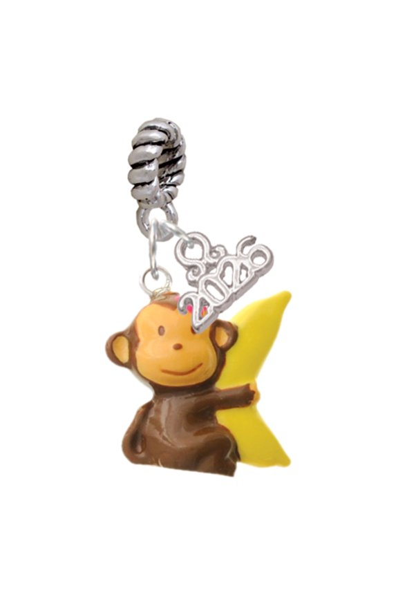 Resin Monkey Hugging a Banana - Silver Plated Rope Charm Bead Dangle with Mini 2026