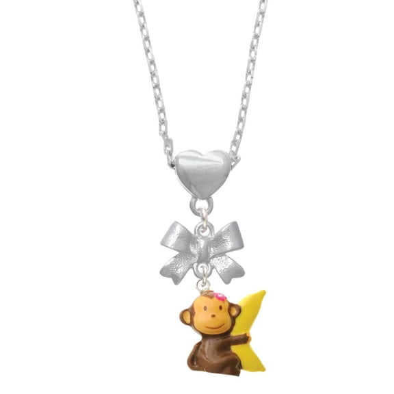 Delight Jewelry Resin Monkey Hugging a Banana Silver tone Bow Heart Necklace