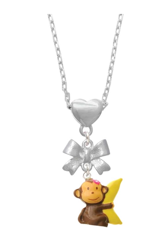 Resin Monkey Hugging a Banana Silver tone Bow Heart Necklace