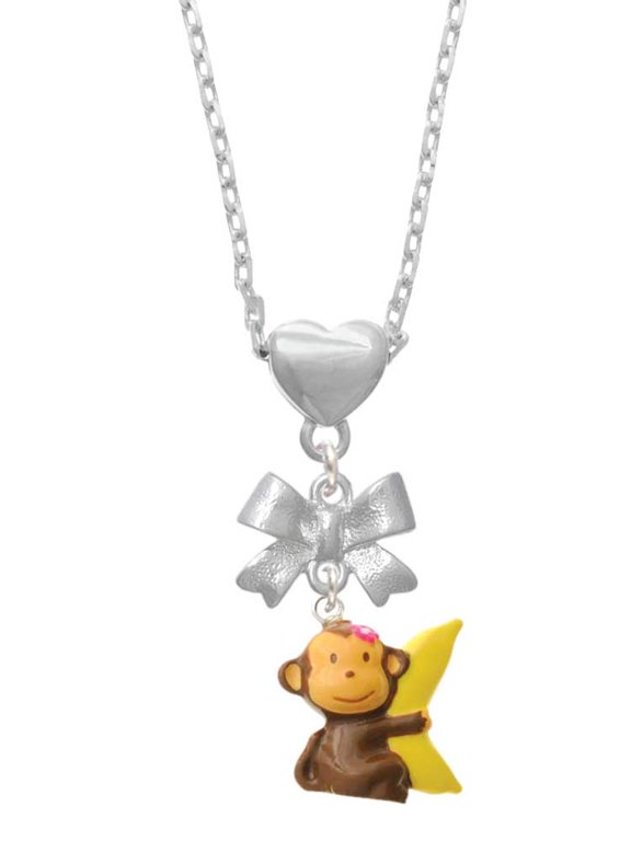 Resin Monkey Hugging a Banana Silver tone Bow Heart Necklace
