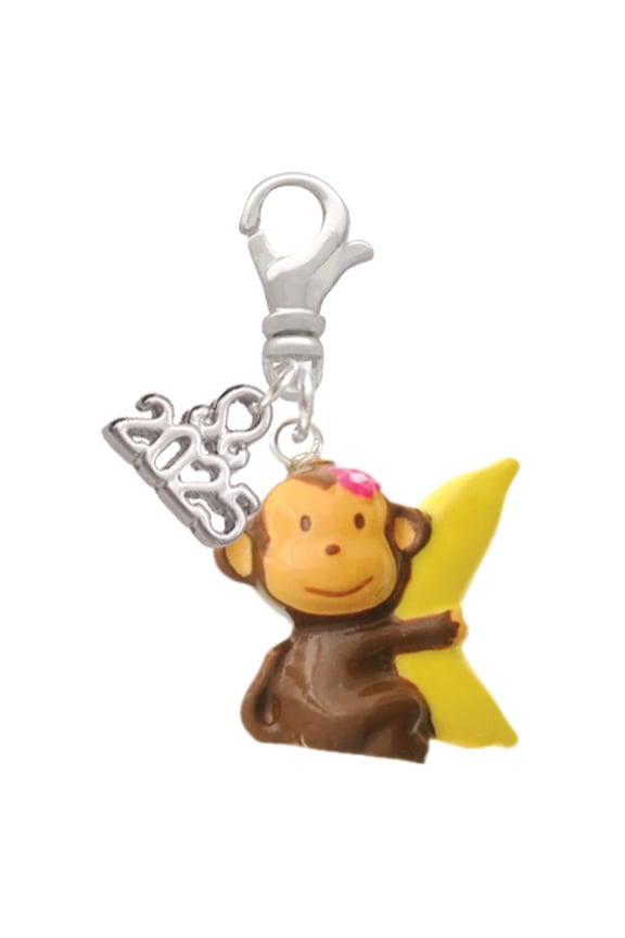 Resin Monkey Hugging a Banana - Silver-tone Clip on Charm with Mini Year 2025