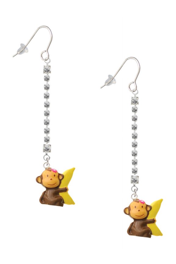 Resin Monkey Hugging a Banana - Silver-tone Long Sparkle Dangle French Earrings