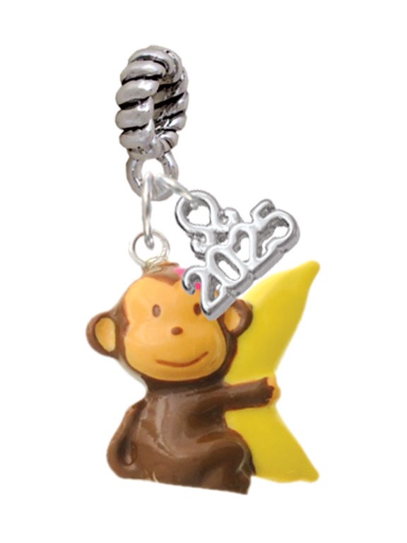 Resin Monkey Hugging a Banana - Silver-tone Rope Charm Bead Dangle with Mini 2025