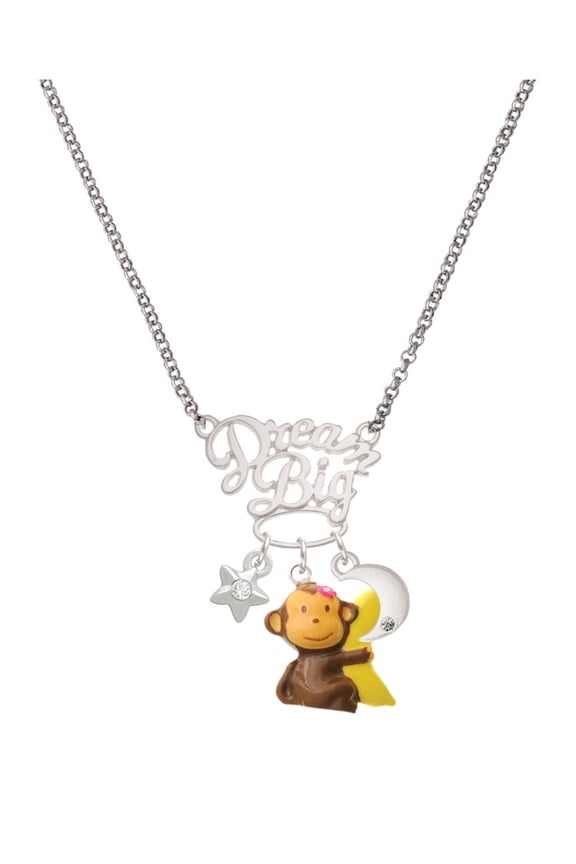 Resin Monkey Hugging a Banana Silvertone Dream Big Pendant Necklace, 25"