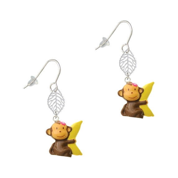 Delight Jewelry Resin Monkey Hugging a Banana Silvertone Leaf French Earrings