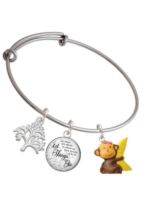 Resin Monkey Hugging a Banana Silvertone Let Things Go Tree Charm Bangle Bracelet