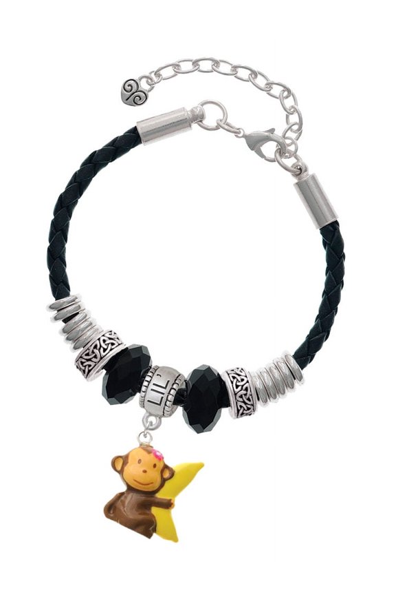 Resin Monkey Hugging a Banana Sister Celtic Knot Leather Bead Bracelet, 7"+2" Extender